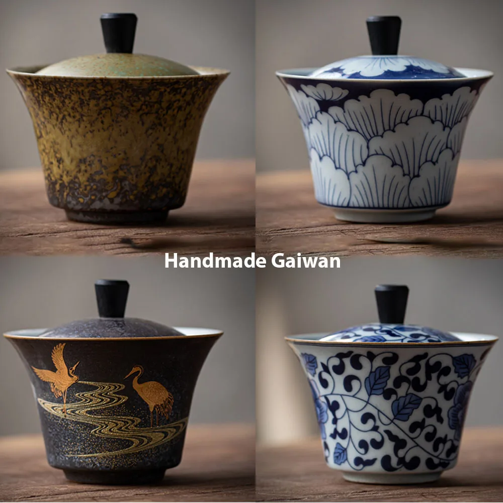 

Retro Blue and White Ceramic Gaiwan Tea cups Bowl Handmade Tureen Chinese Kung Fu Tea Set Drinkware