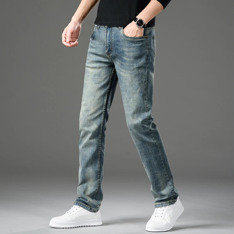 New Retro Blue Jeans Men Casual Loose Straight Pants Baggy Denim Trousers