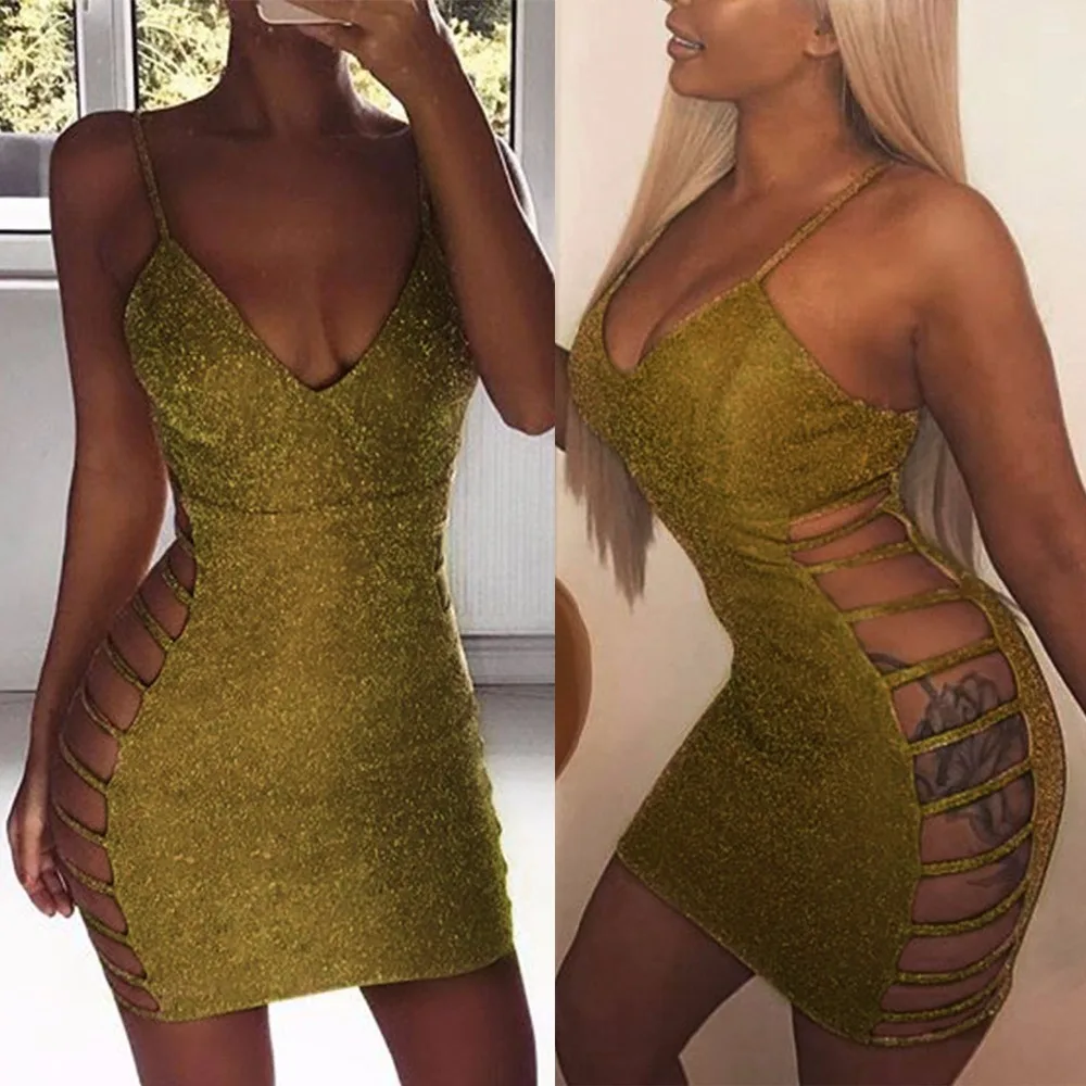 Сексуальное золотистое Макси Бандажное платье с блестками открытое женское