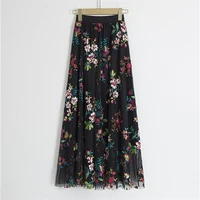 spring women mesh skirt fashion flowers embroidery long skirt ladies summer casual voile appliques mid calf swing skirts