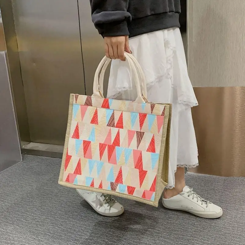 

Big Woman Office Handbag Korean Jute Tote Top-Handle Bags Geometry Linen Shoulder Bags For Women 2021 Trend Large Capacity