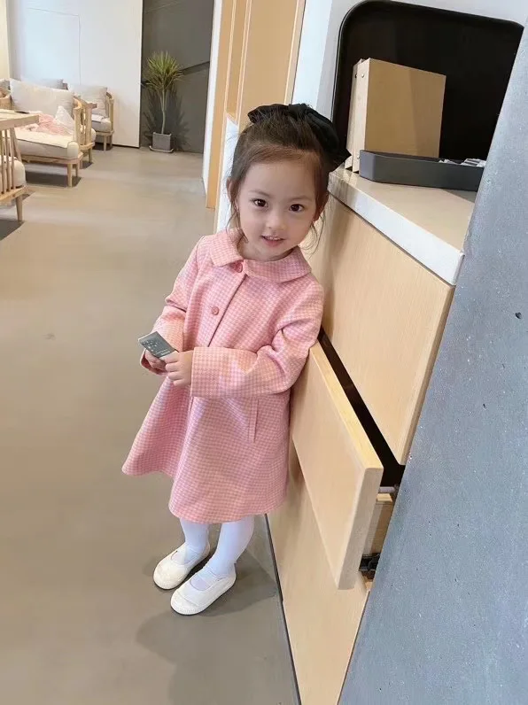 

2020 In Stock Girls coat plaid pattern pink colour baby girls wool jacket