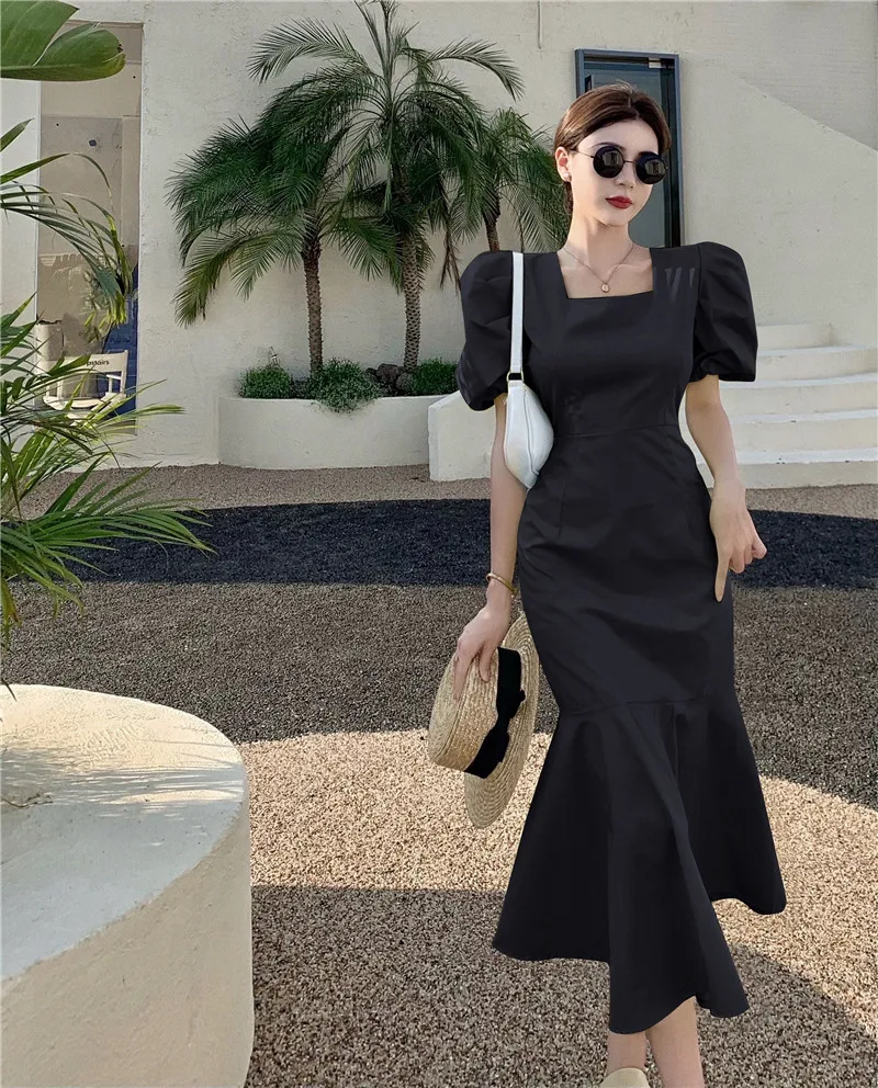 

VICONE Women Dress 2021 Summer New French Retro Elegant Solid Square Collar Puff Sleeve Slim Mermaid Long Dress Female BowKnot