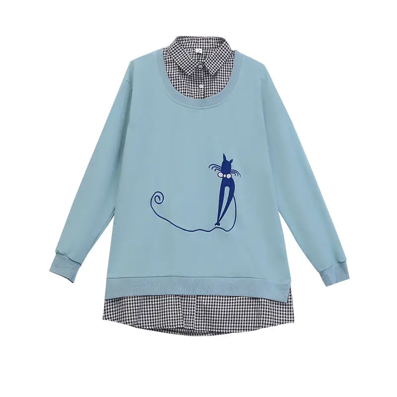 

Fake two pieces of women's sweater spring and autumn new loose medium length long sleeve top bottom shirt