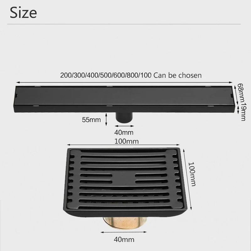 

Rozin Matte Black Floor Drains 10/20/30/60cm Invisible Bathroom Floor Drain 10*10cm Square Shower Deodorant Waste Drain Strainer