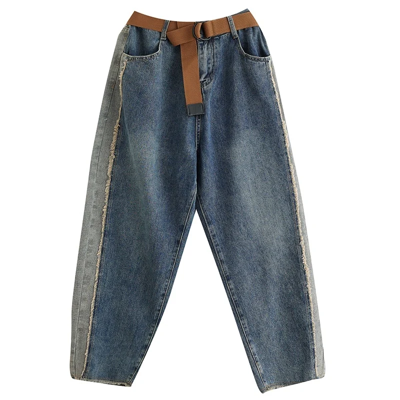 Autumn Winter Casual Jeans Boyfriend Femme Loose Wide Leg Plus Size Mom Baggy Jeans Women Belt Patchwork Streetwear Denim Pants