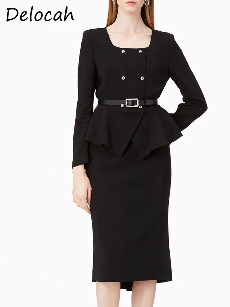 

Delocah 2022 Spring Women Fashion Designer 2 Pieces Sets Long Sleeve Double Breasted Tops + High Waist Pencil Midi Skirts Suits