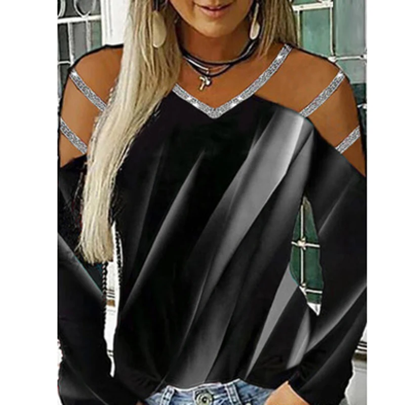 

2021 Summer V Neck Sequin Print Blouse Shirt Women Casual Off Shoulder Long Sleeve Pullover Spring Elegant Hollow Out Top Blusas