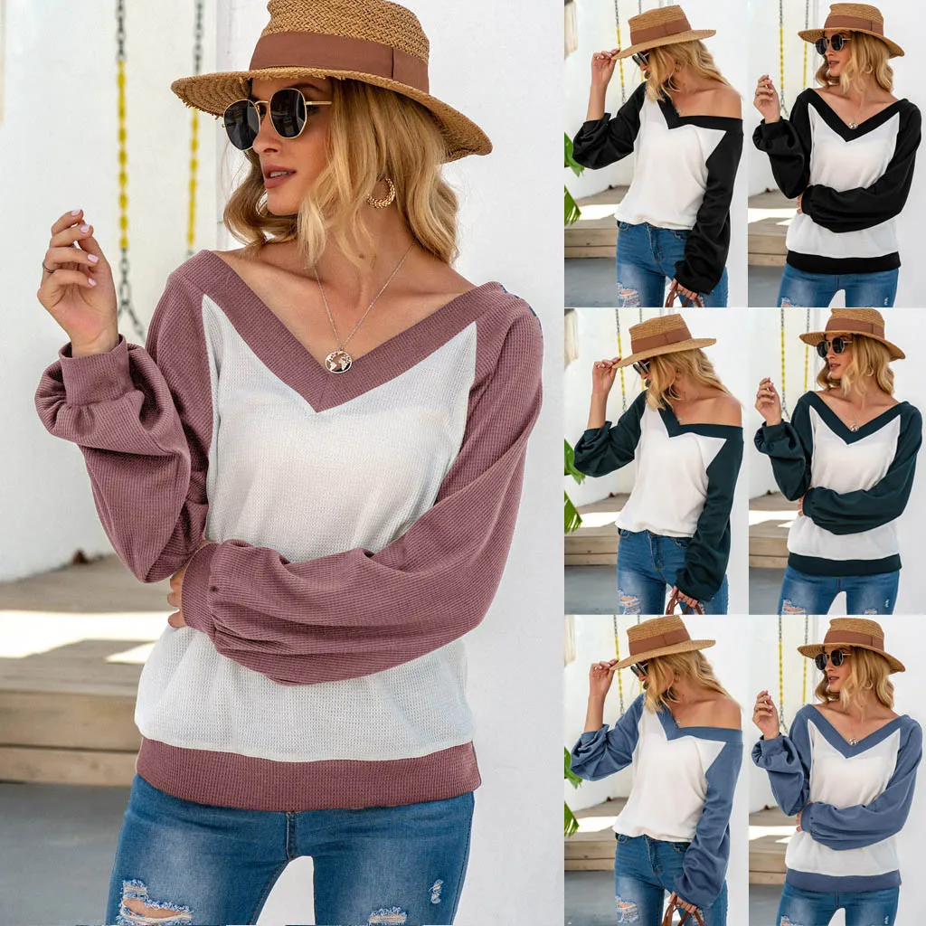 Женская свободная футболка с длинным рукавом и V образным вырезом|Футболки| |