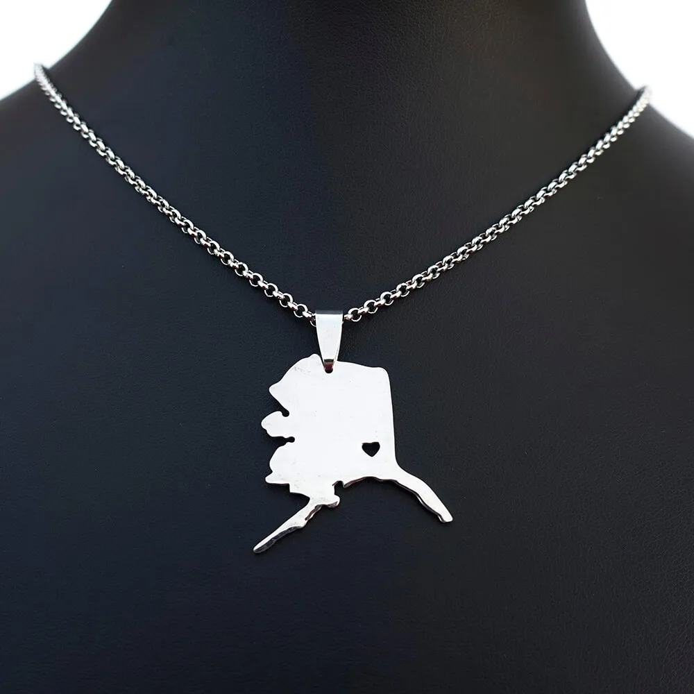 

Stainless Steel Alaska State USA Map Necklace Pendant USA American Fashion Jewerly For Men Women