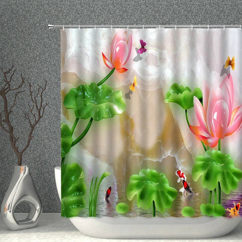 

New Chinese Ink lotus Shower Curtain Tile Plant Animal Printing Pattern Waterproof Polyester Background Wall With Hooks Decorate