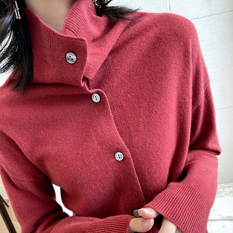 

100% Wool Knitted Cardigan Sweater New Autumn Women Turtleneck Long Sleeve Jacket Fashion Plus Size Cardigans For Female Outwear