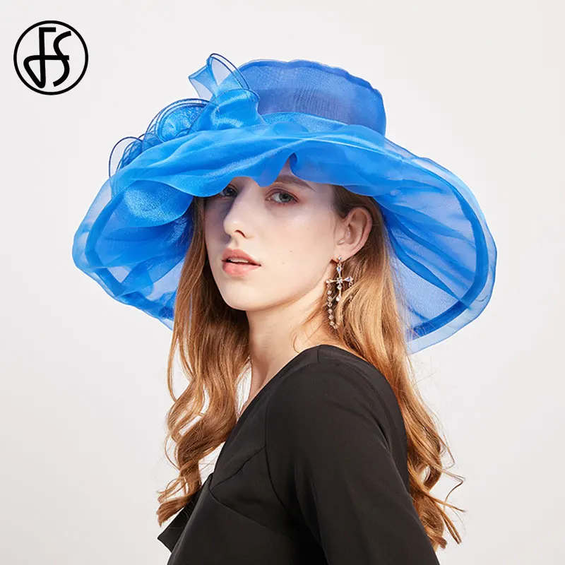 Женская шляпка из органзы FS элегантная фиолетовая с широкими полями и цветами