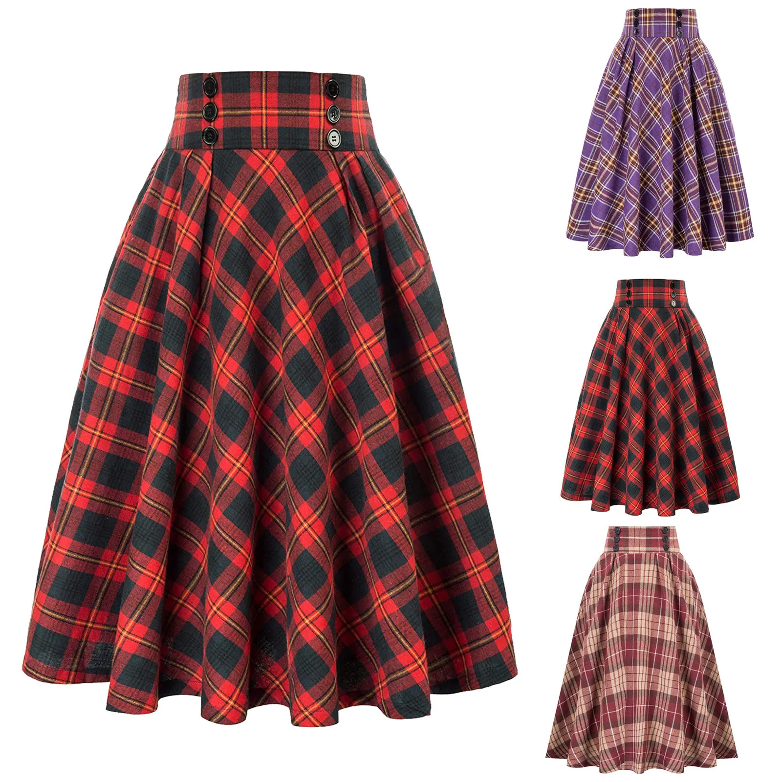 Women Fashion Casual Plaid Skirt elegant romantic With Pockets Vintage High Waist Pleated | Женская одежда
