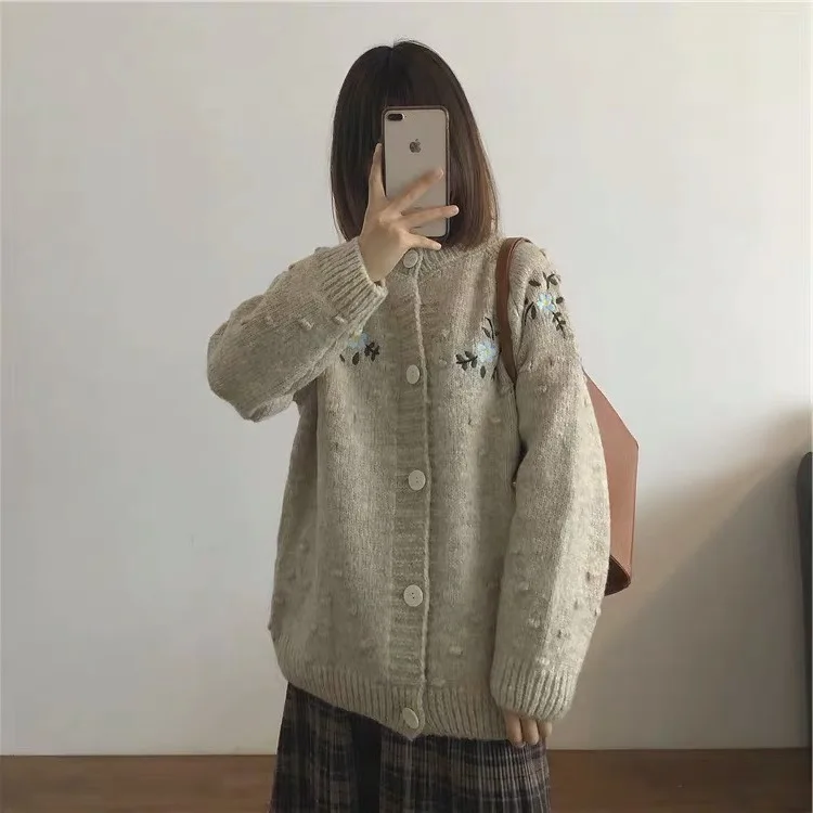 

Hsa Winter Retro Vintage Sweaters Floral Embroidery Knitted Cardigan For Women Loose Korean Style 2021 Fall New Sweater Coat Top