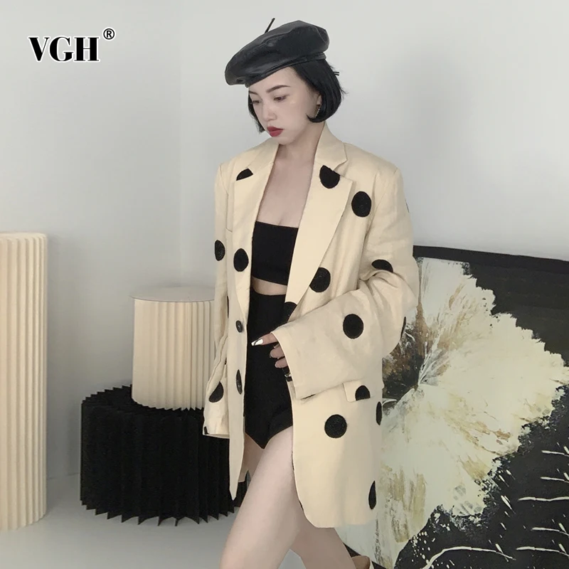 

VGH Casual Polka Dot Asymmetrical Colorblock Loose Blazer Female Notched Long Sleeve Fashion Coat For Women Autumn Style 2021