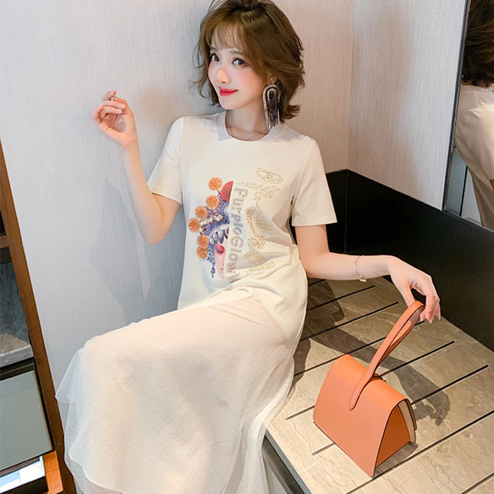 

MIUCO personality foreign style printing hot drilling letters stitching mesh skirt T-shirt skirt dress spring/summer 2021