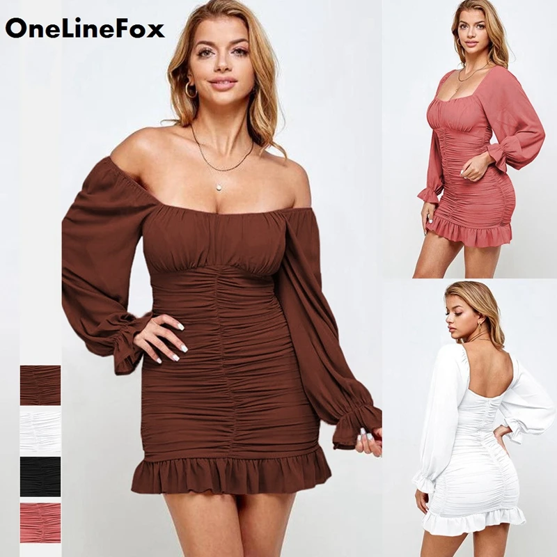 

OneLineFox Women's Solid Fashion Fold Ruffle Hem Dress Sexy Off Shoulder Long Sleeve Bodyocn Sheath Autumn Club Wear Dress