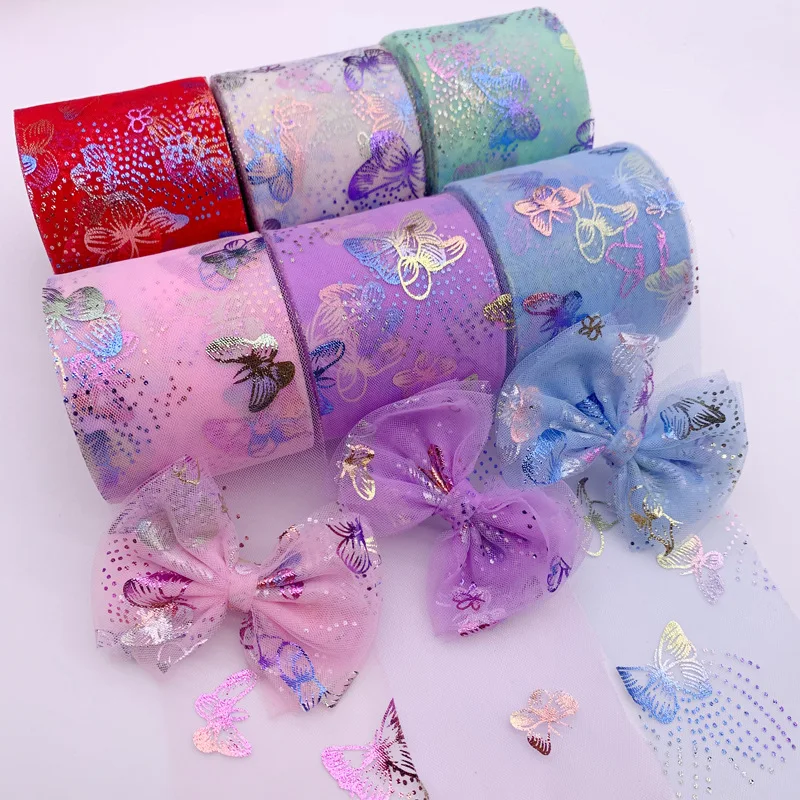8cm*25Y Colorful Butterfly Printed Tulle Organza Mesh Fabric DIY Handmade Baby Girl Dress Skirt Headband Garment Sewing Material