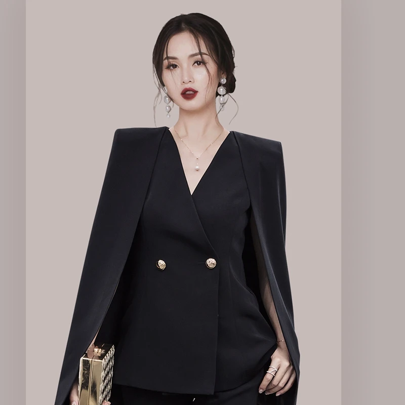 Runway Women Pants Suit Elegant Fall Winter Shawl Cloak V Neck Batwing Sleeve Blazers 2PCS Set And Office OL Pecnil Pants Set