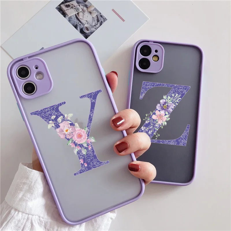 Initial Letter Phone Case For iPhone 13 12 mini 11 Pro X XR XS Max 6s 7 8 Plus Retro Purple Flower Hard Shockproof Back Cover