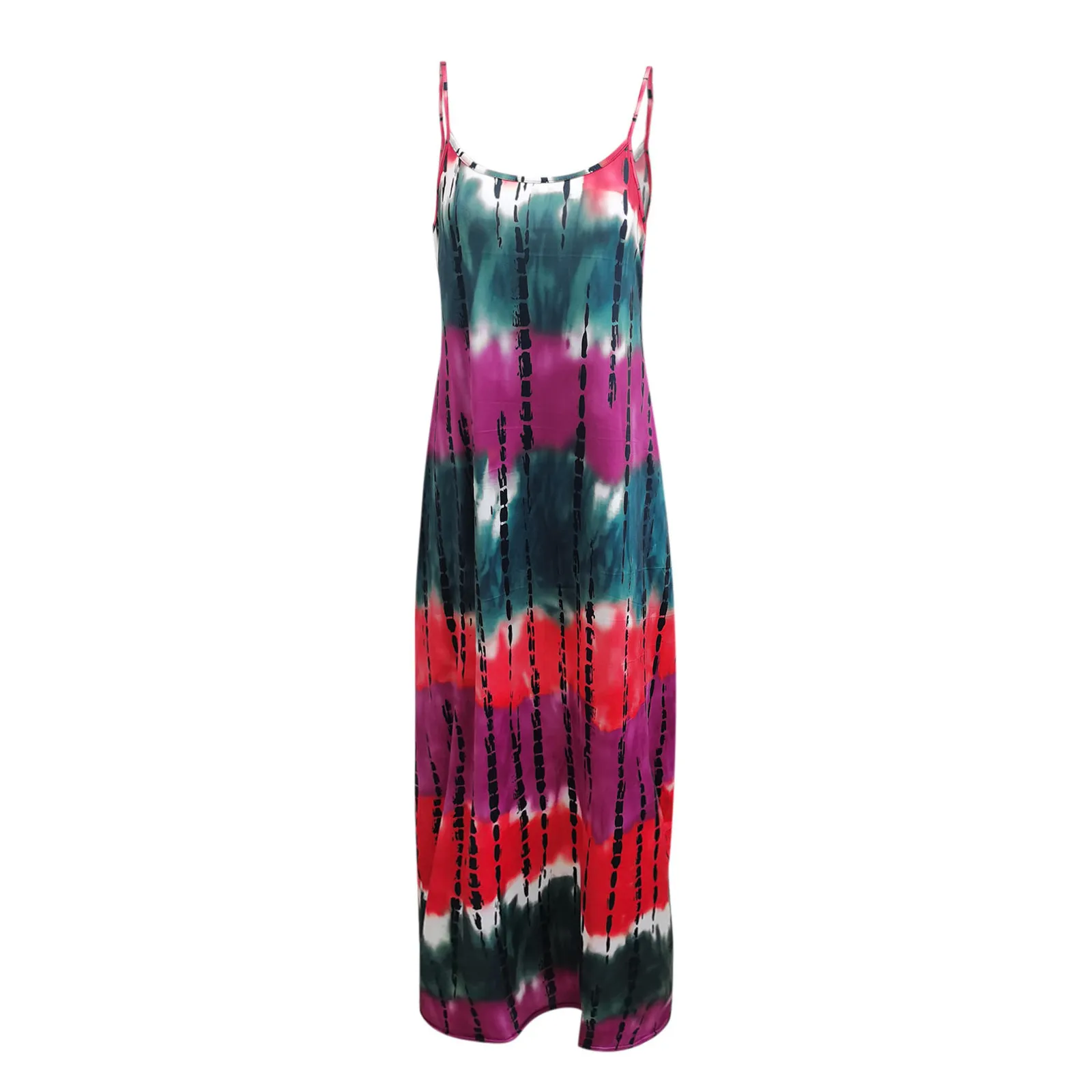 

40# Sexy Strap Maxi Dress Tie-dyed Print Plus Size Long Dress Vintage O-neck Sleeveless Floor Length Dress Harajuku Robe Femme
