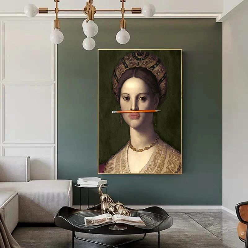 Ретро игривая девушка с карандашом рот плакаты и искусство стены картины для