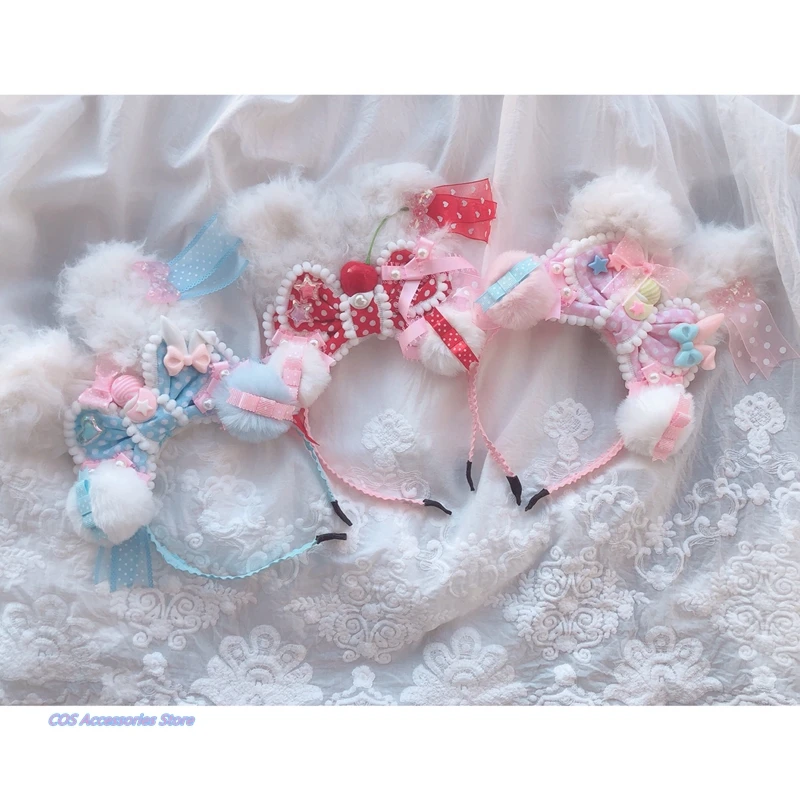 

Sweet Plush Rabbit Ears Hair Hoop KC Lolita Handmade Original Cute Strawberry Cherry Bowknot Hairball Hair Accessories Kawaii