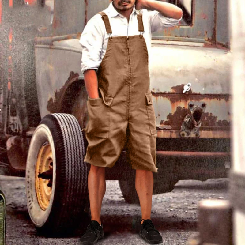 

2021 Fashion Vintage Big Pocket Cargo Short Pant Overalls Romper Mens Casual Loose Bib Jumpsuit Male Summer Streetwears Playsuit