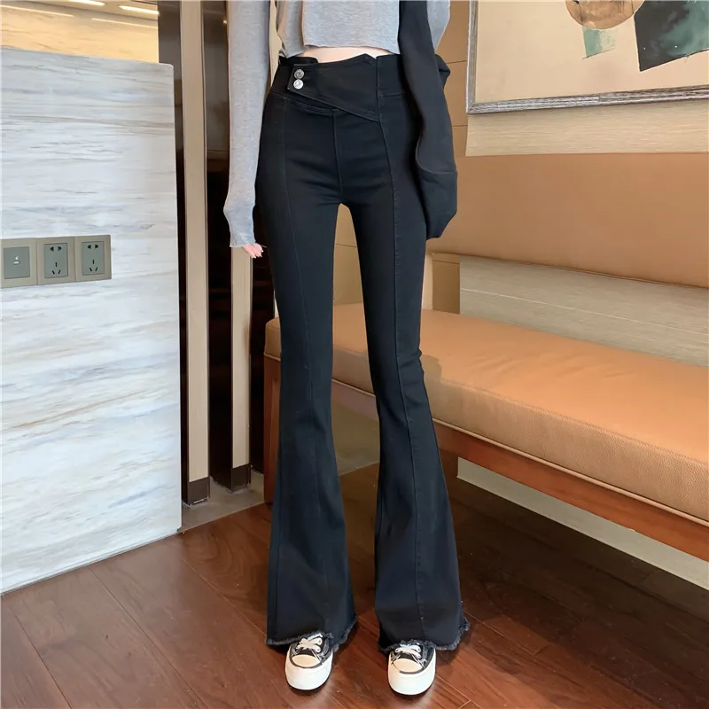 

Эстетика тонкий пояс с низкой талией брюки-клеш E-платье для девочек винтажное карманами, сплошной цвет, размер на 2021 штаны осень 90s модные че...