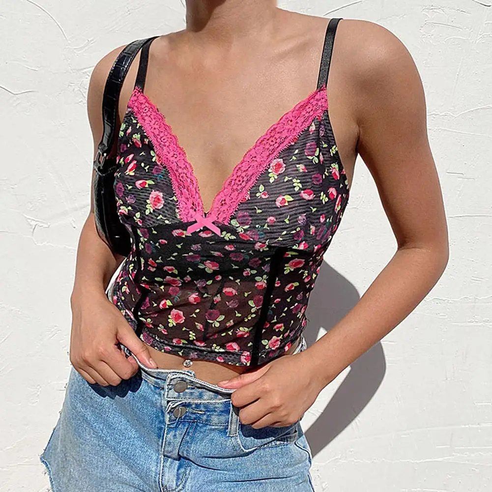 

80% Hot Sales!!! Sexy Women Lace Trim Sheer Mesh Crop Top Floral Print Sleeveless Camisole Vest