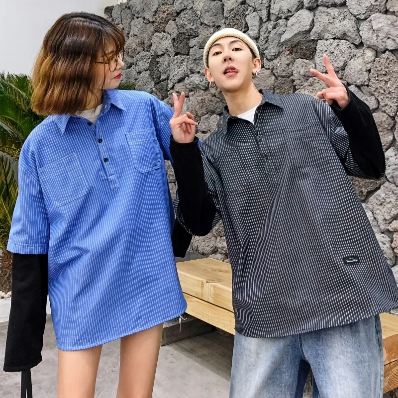 Мужская рубашка Весна новые свободные Hong Kong ветер двойные штаны с фальш вставкой BF пара Полосатая длинными