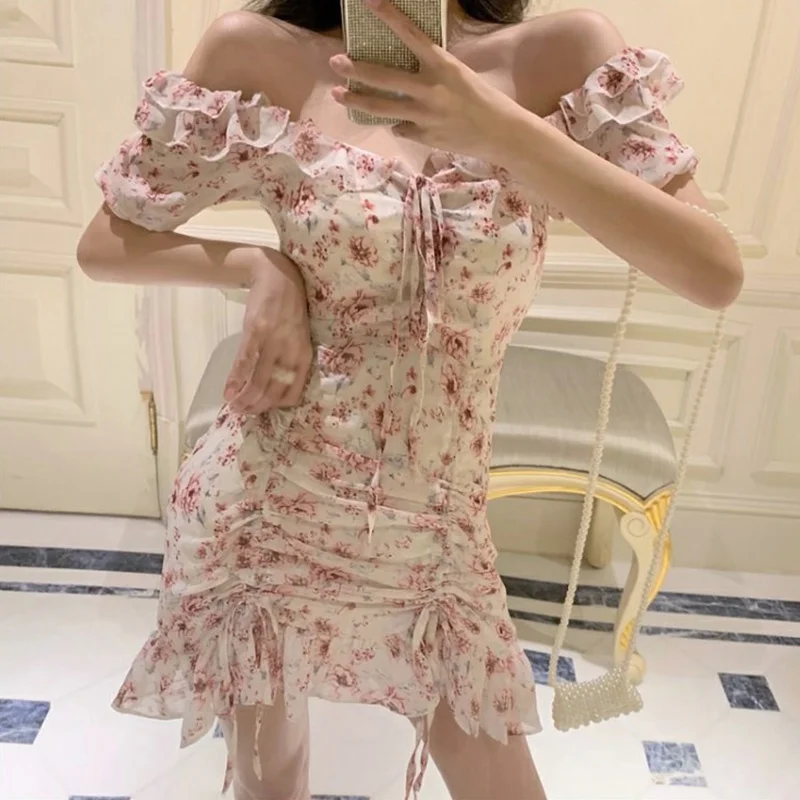 

ROPALIA Elegant Floral Women Dresses Short sleeve Bodycon Dress Square Collar Summer Dress