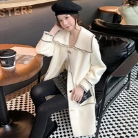 faux mink cashmere mid length jacket women korean turndown single breasted knit overcoat fall chic loose fleece sweater outwear
