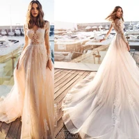 romantic sexy tulle long wedding dresses women lace appliques covered button long sleeves a line beach bridal gowns custom made
