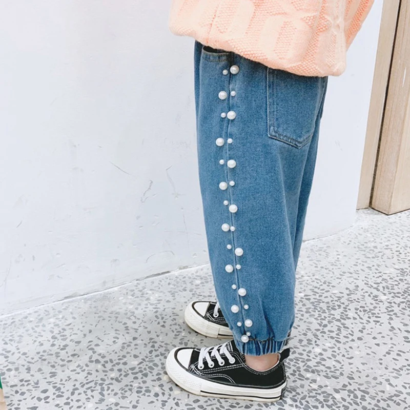 

Children Clothes 2020 New Spring Autumn Loose Girls Jeans Pearls Fashion Denim Pants Elastic Waist Kids Girl Trousers