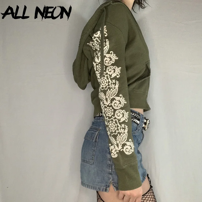 

ALLNeon 90s Aesthetics Retro Art Print Long Sleeve Cropped Tops Y2K Vintage Streetwear Zipper Hoodies Grunge Punk Outerwear Slim