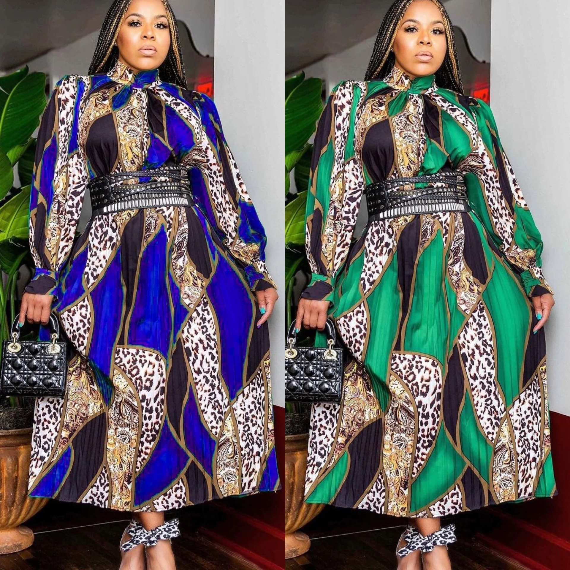 

D157 2021 new style long sleeve high waist pleated print dress