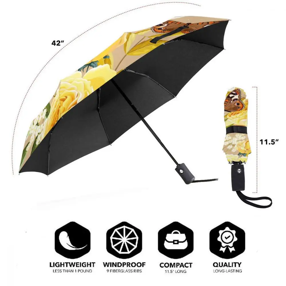 Offerte Ombrello Automatico Pieghevole Resistente Al Vento Donna Farfalla Automatica Con Fiori Gialli Ombrelli Antivento Pioggia Per Uomo Ombrellone
