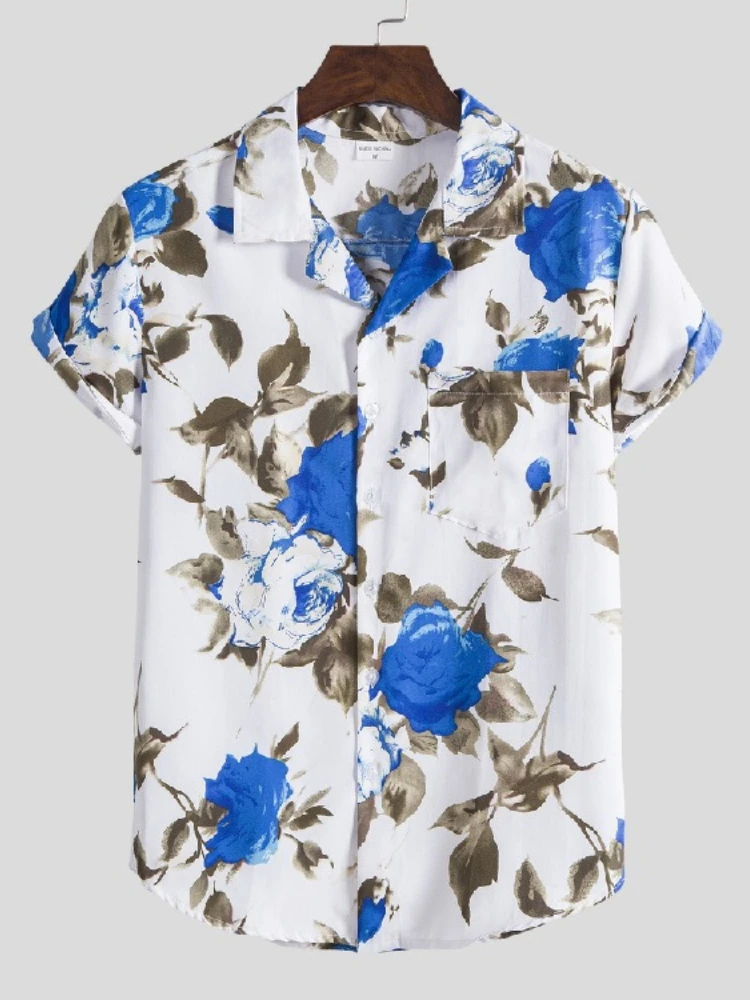 Мужская приталенная рубашка с коротким рукавом Повседневная пляжная цветочным
