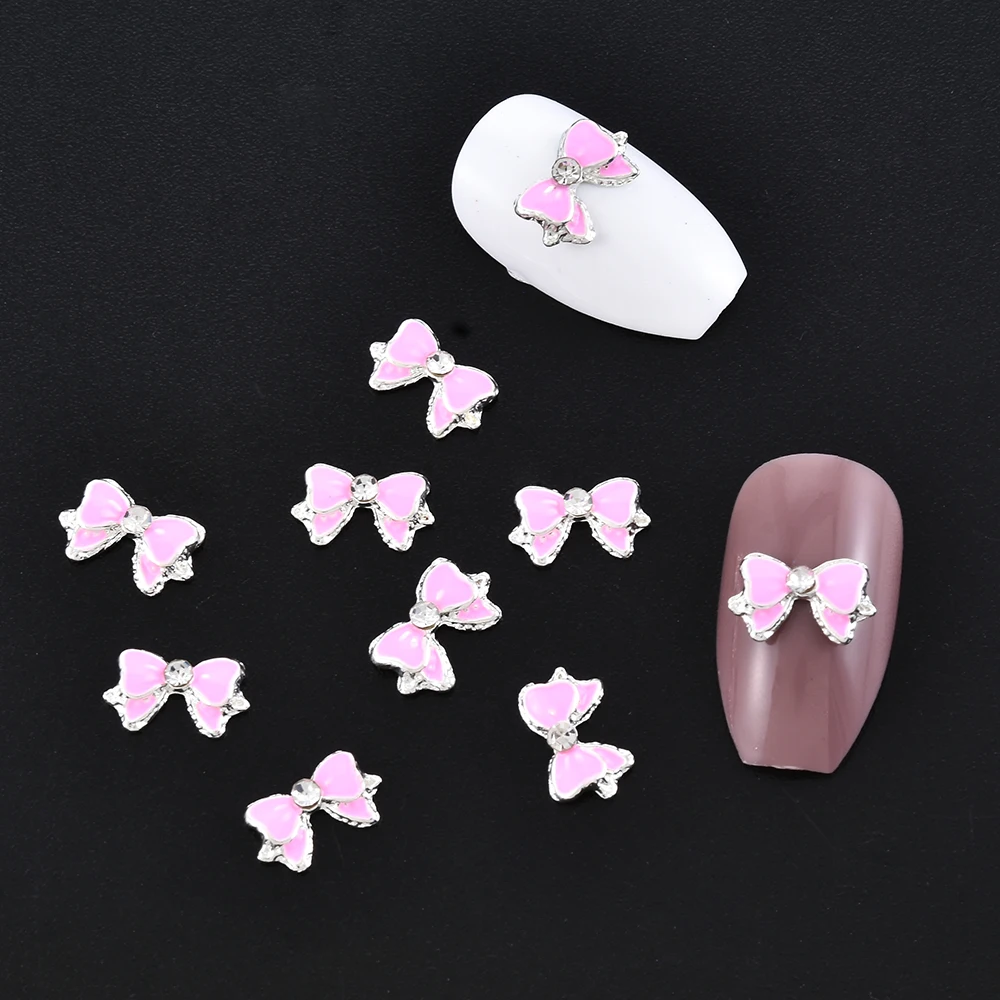 

10pcs 3D Nails Accessories Non-adhesive Sticker Alloy Rhinestone Pink Bow Butterfly Charms Nail Art Decoration DIY Stickers Cute