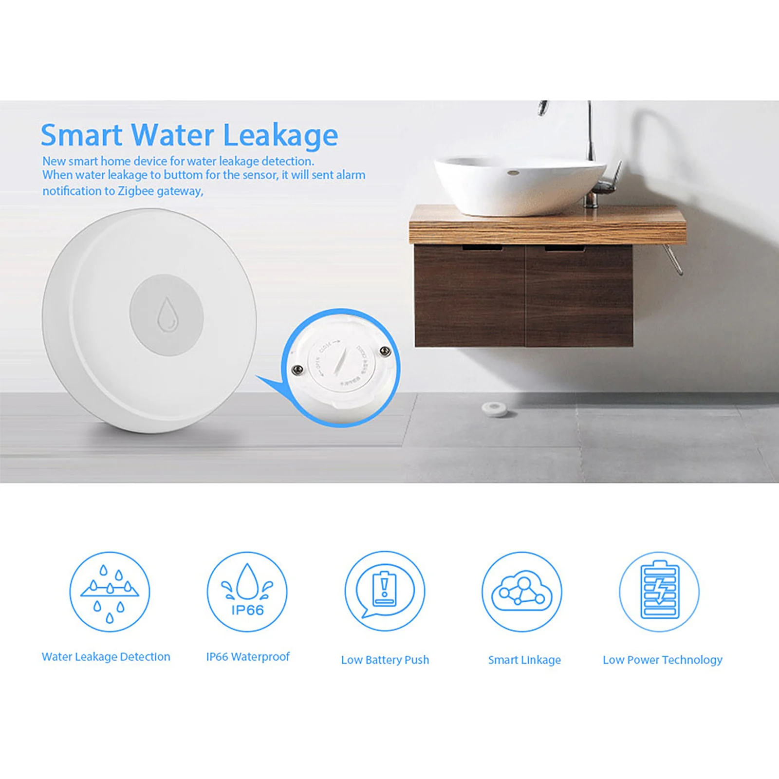 

Zigbee Smart Home Water Leak Sensor Wireless Flooding Detector Water Leakage Detection Alert Water Level Overflow Alarm eWelink