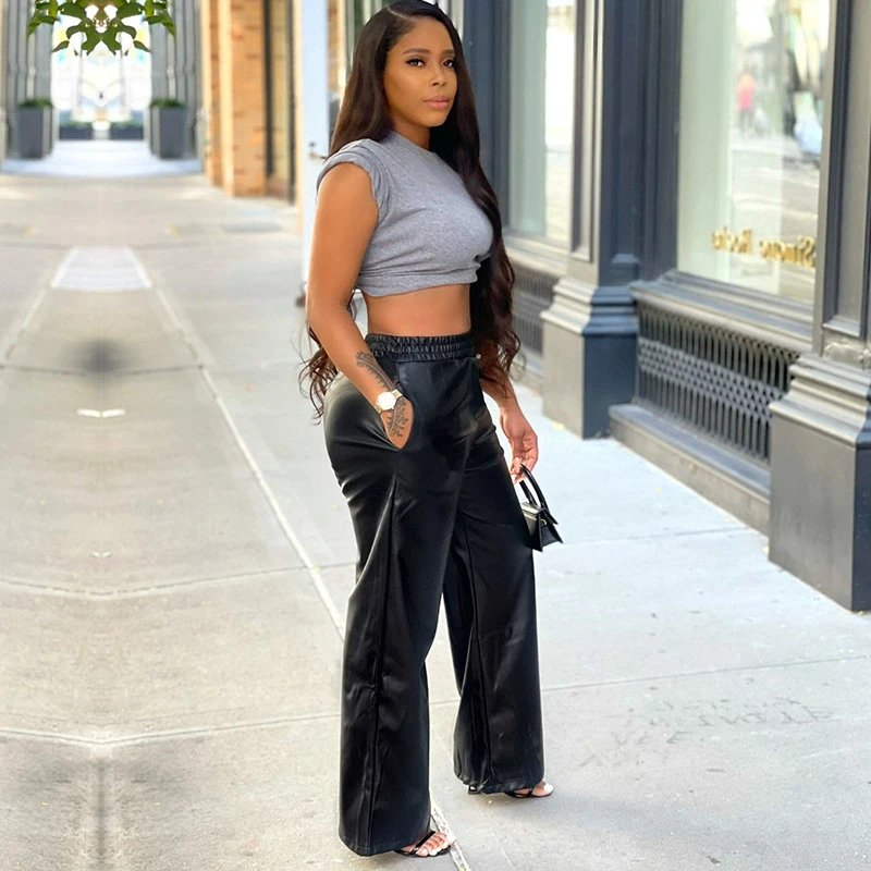 

Женские прямые брюки Goth из искусственной кожи, байкерские брюки с высокой талией, карманами и широкими штанинами, Осень-зима 2021