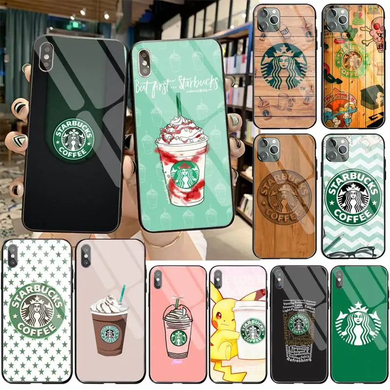

YJZFDYRM Hot selling Coffee brand Soft Phone Cover Tempered Glass For iPhone 11 Pro XR XS MAX 8 X 7 6S 6 Plus SE 2020 case