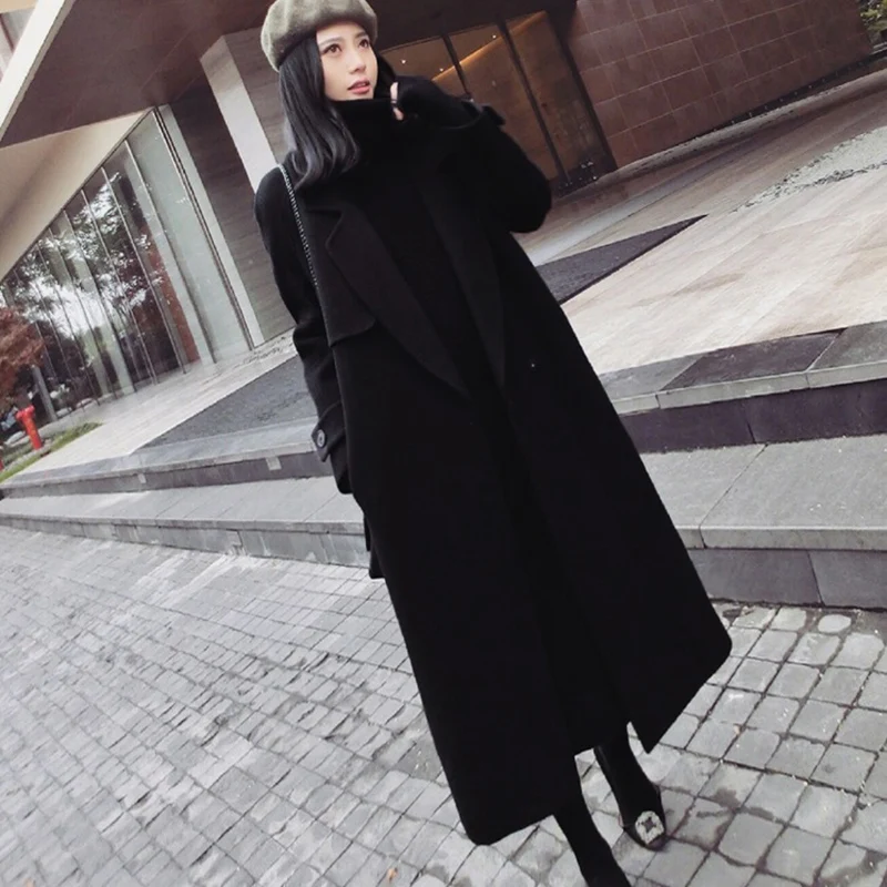 Женское шерстяное Смешанное пальто осенне-зимнее черное длинное кашемировое