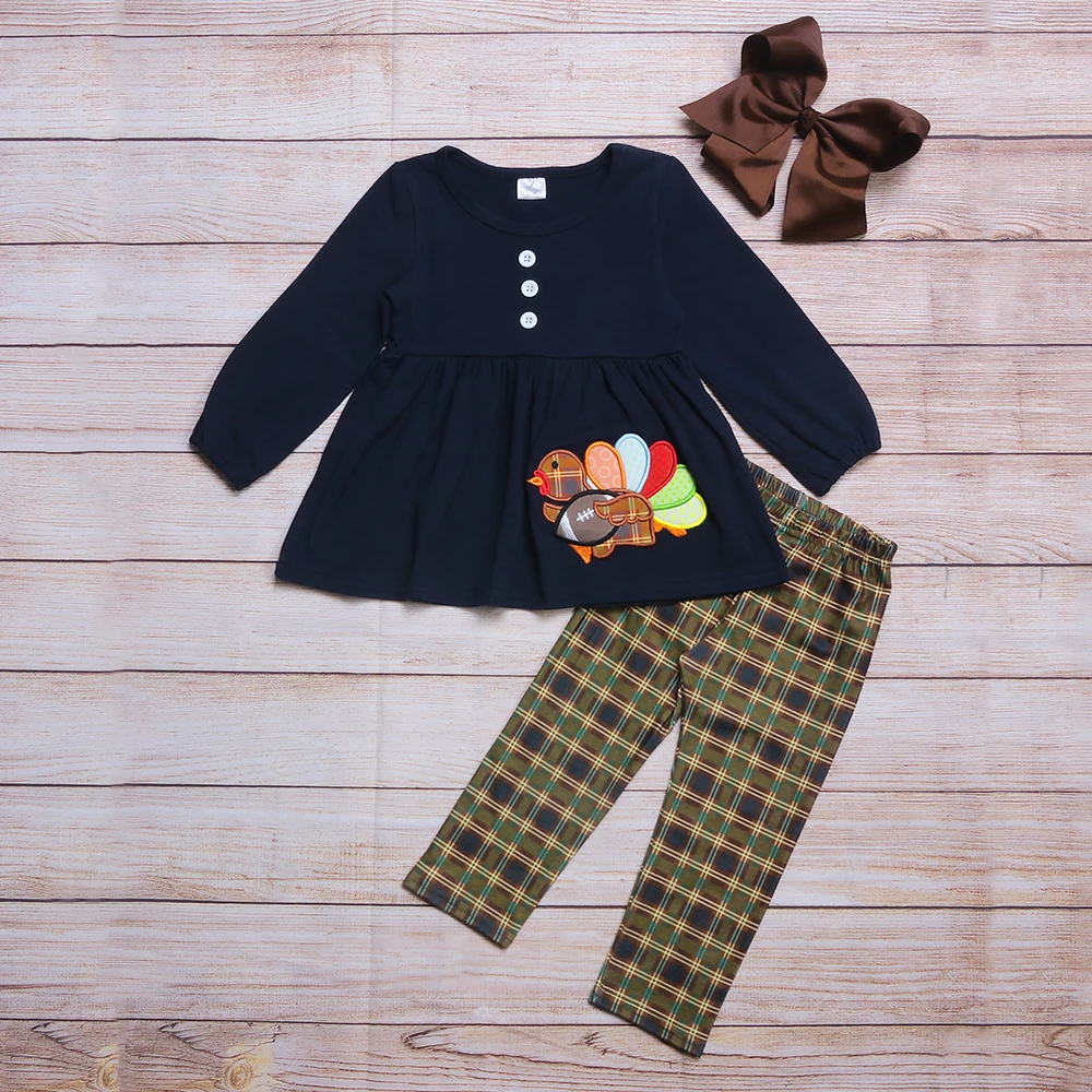 

Autumn Girls Clothes Navy Blue Long Sleeve Skirt And Brown Plaid Trousers Thanksgiving turkey Embroidery Pattern Girl Clothes
