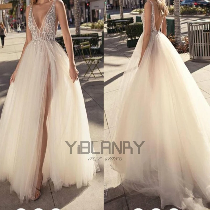 

Beading Prom Dresses 2021 Plus Size Pink High Split Tulle Sweep Train Sleeveless Evening Gown A-line Lace Up Backless Vestido De