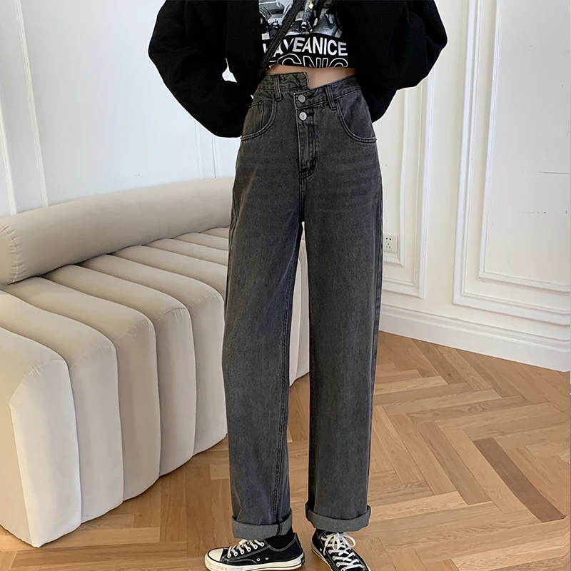 

Large size ladies smoke grey jeans tall waist straight hip little fat younger sister mm thick thighs show thin wide-legged pants