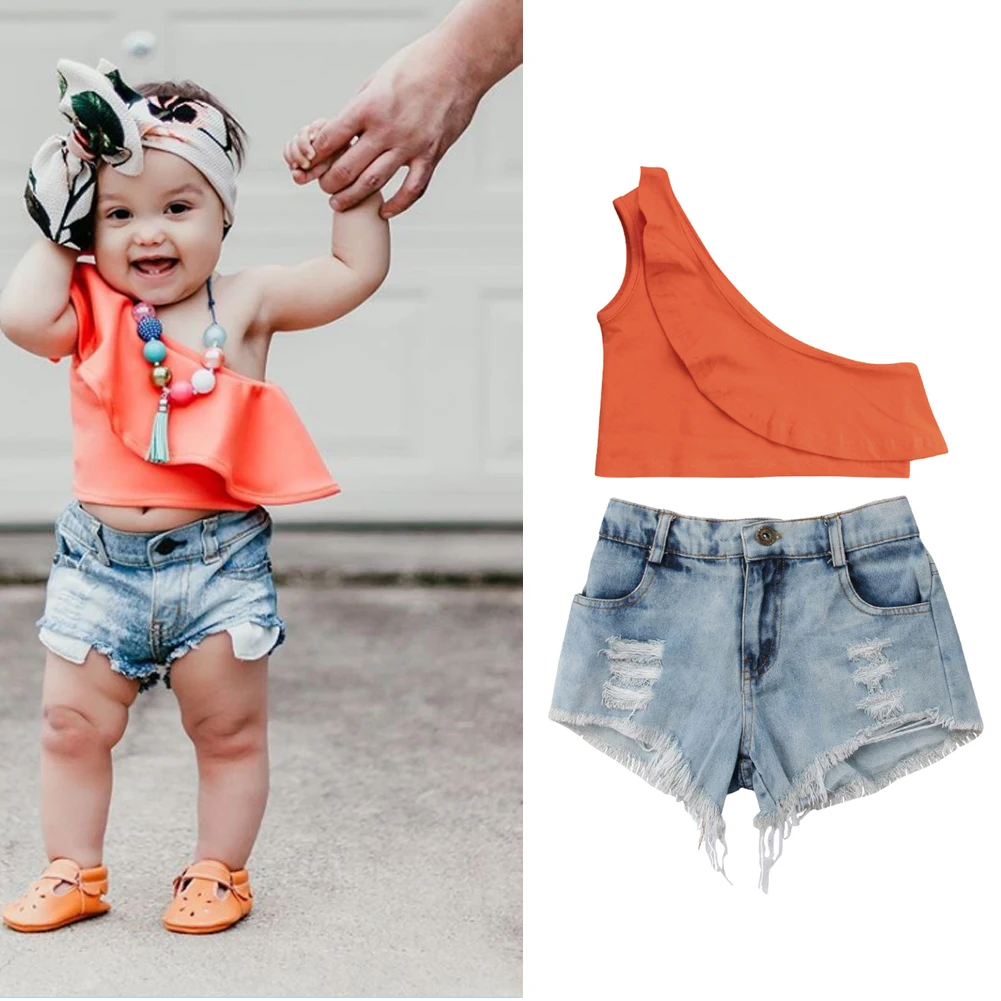 

2pcs Toddler Kids Baby Girls Outfits Clothes Summer Orange Sloppy Shoulder T-shirt Tops + Denim Pants Trousers Set