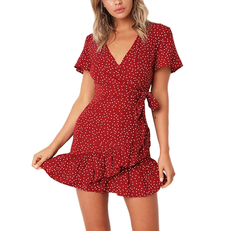 

V-neck Short Sleeve Pleated Lace-up Printed Dress Blue 2XL Size